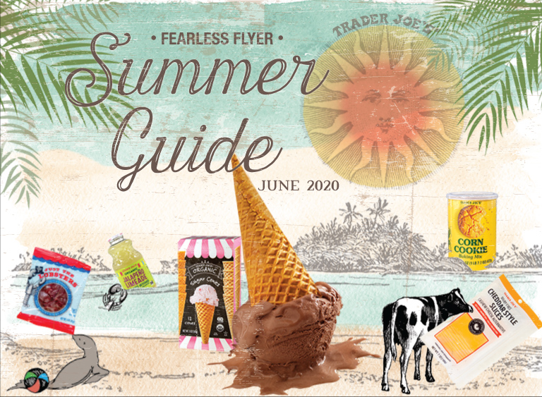 cartoon illustration of a beach scene with Sun, Seal, Lobster and Cow - all with TJ's products nearby