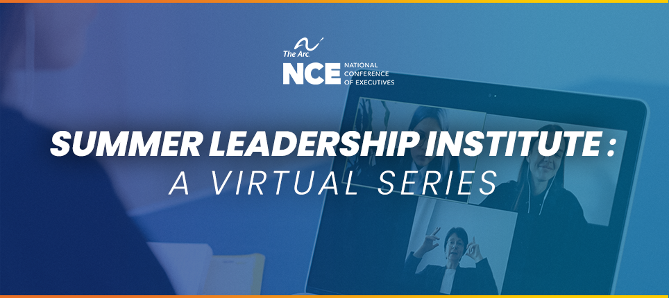 A blue graphic with a video conference call in the back. The text reads "Summer Leadership Institute: A Virtual Series"